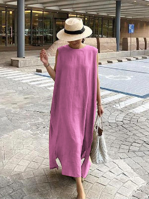 Khaki Side-Open Linen Cotton Dress