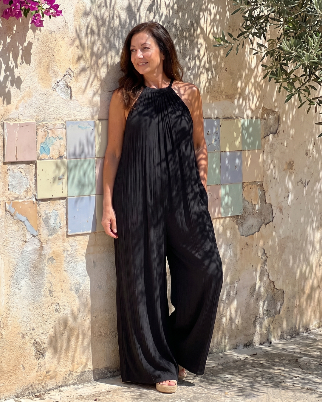 Sylvara | Pleated Halterneck Wide Leg Relaxed Jumpsuit