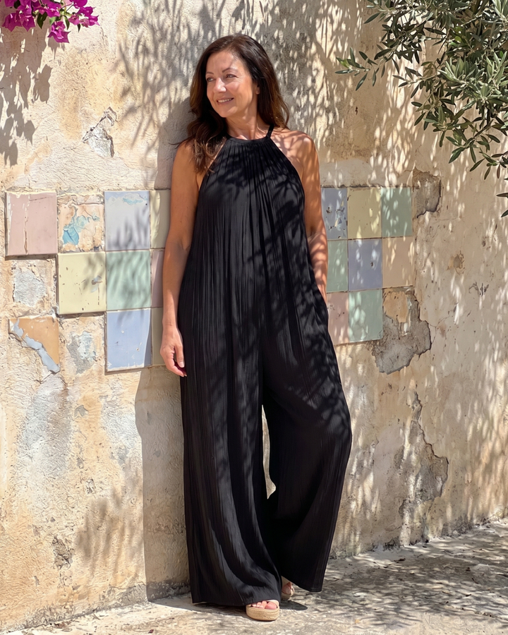 Sylvara | Pleated Halterneck Wide Leg Relaxed Jumpsuit