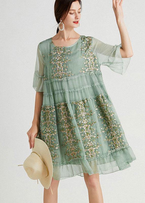 Green Embroidered Flared Sleeve Dress