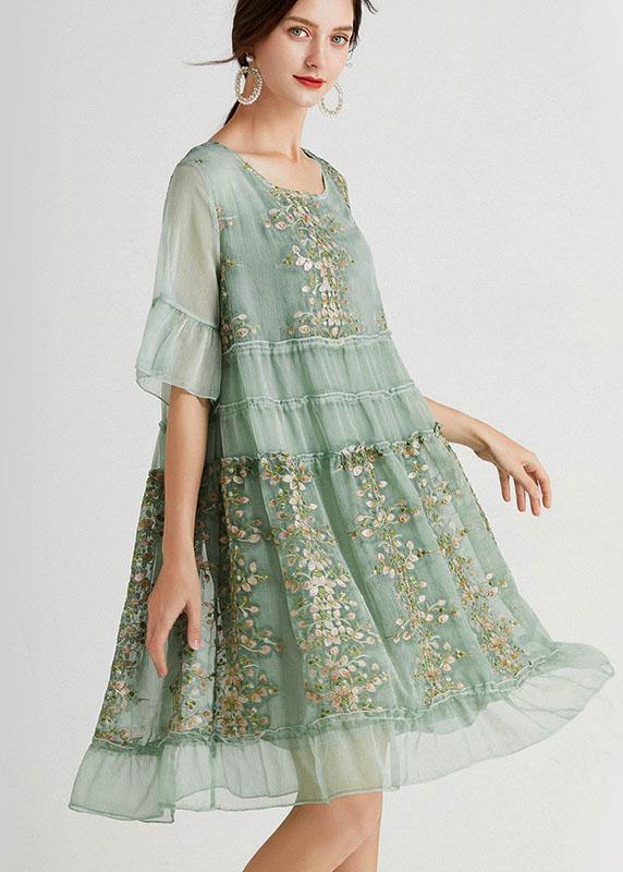 Green Embroidered Flared Sleeve Dress