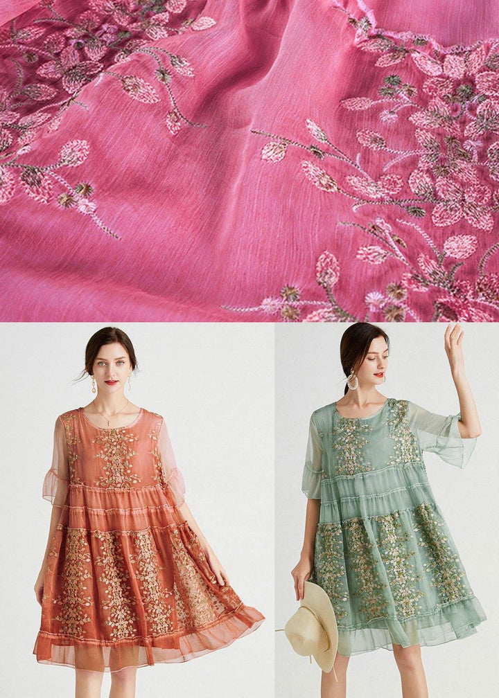 Green Embroidered Flared Sleeve Dress