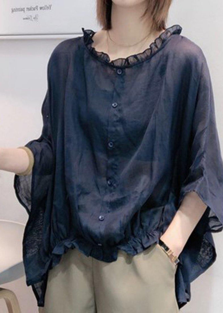 Art Navy Tops Ruffle Trim Half Sleeve Blouse Plus Size
