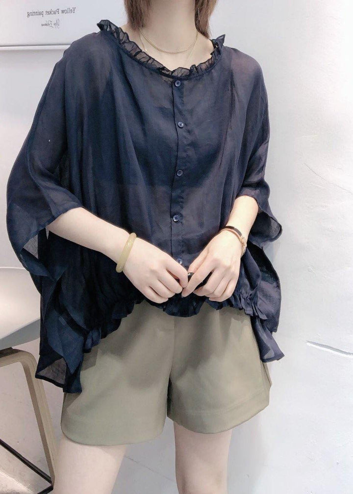 Art Navy Tops Ruffle Trim Half Sleeve Blouse Plus Size