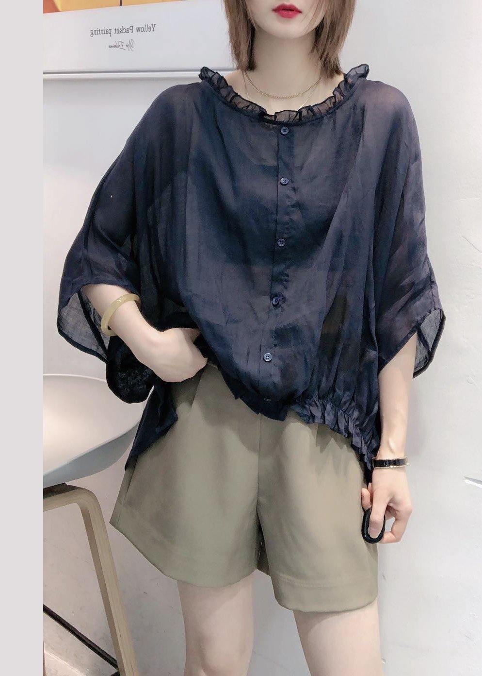 Art Navy Tops Ruffle Trim Half Sleeve Blouse Plus Size