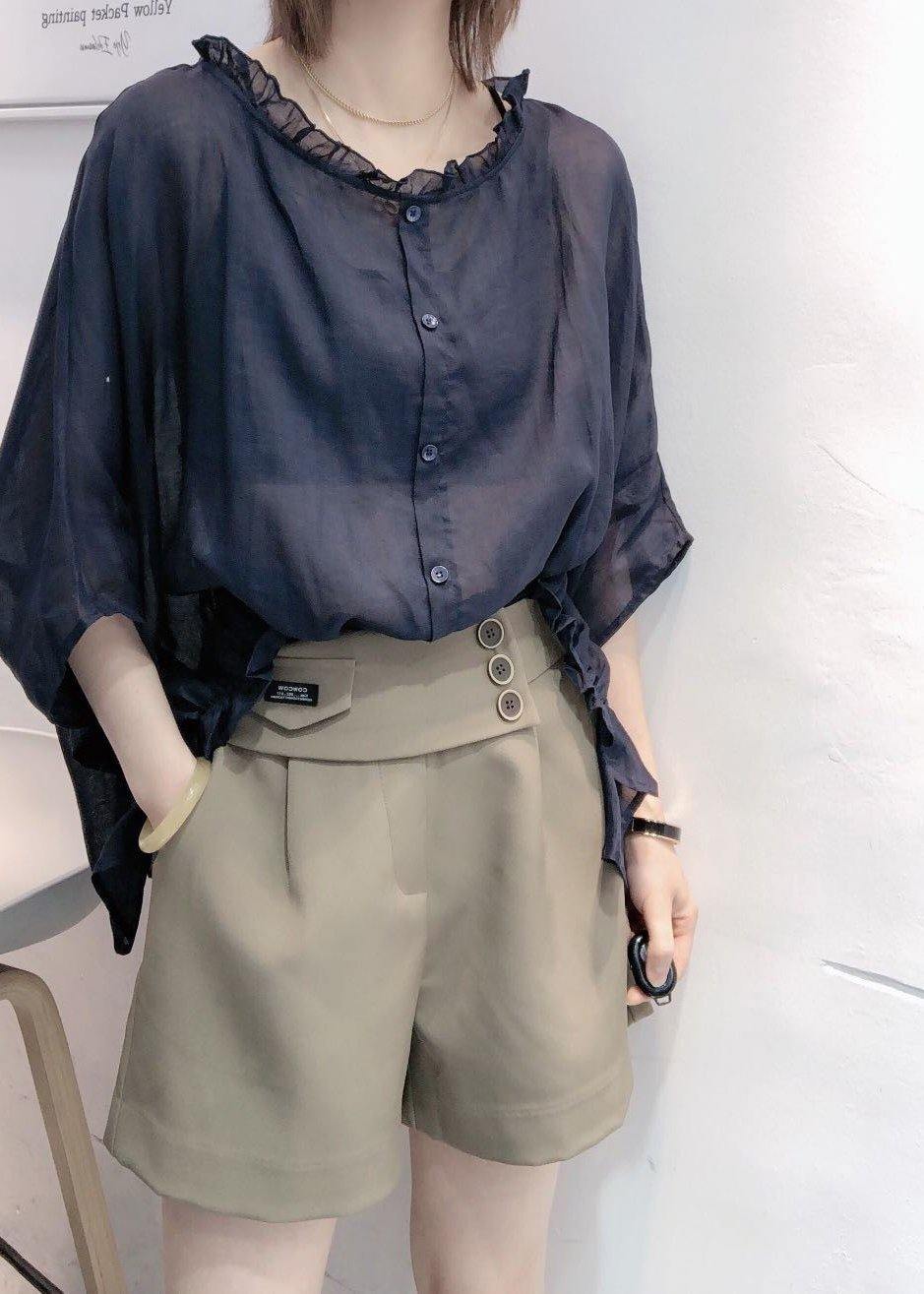 Art Navy Tops Ruffle Trim Half Sleeve Blouse Plus Size