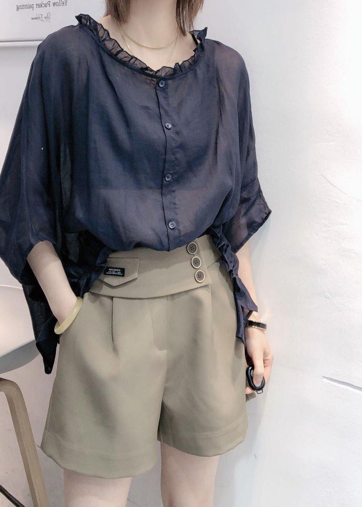 Art Navy Tops Ruffle Trim Half Sleeve Blouse Plus Size