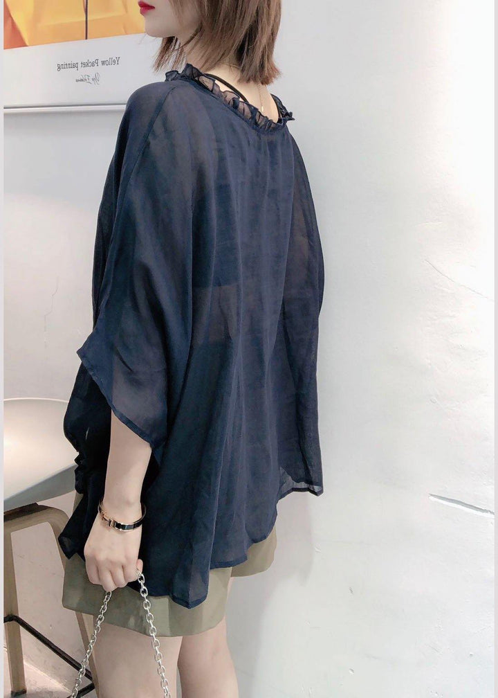 Art Navy Tops Ruffle Trim Half Sleeve Blouse Plus Size