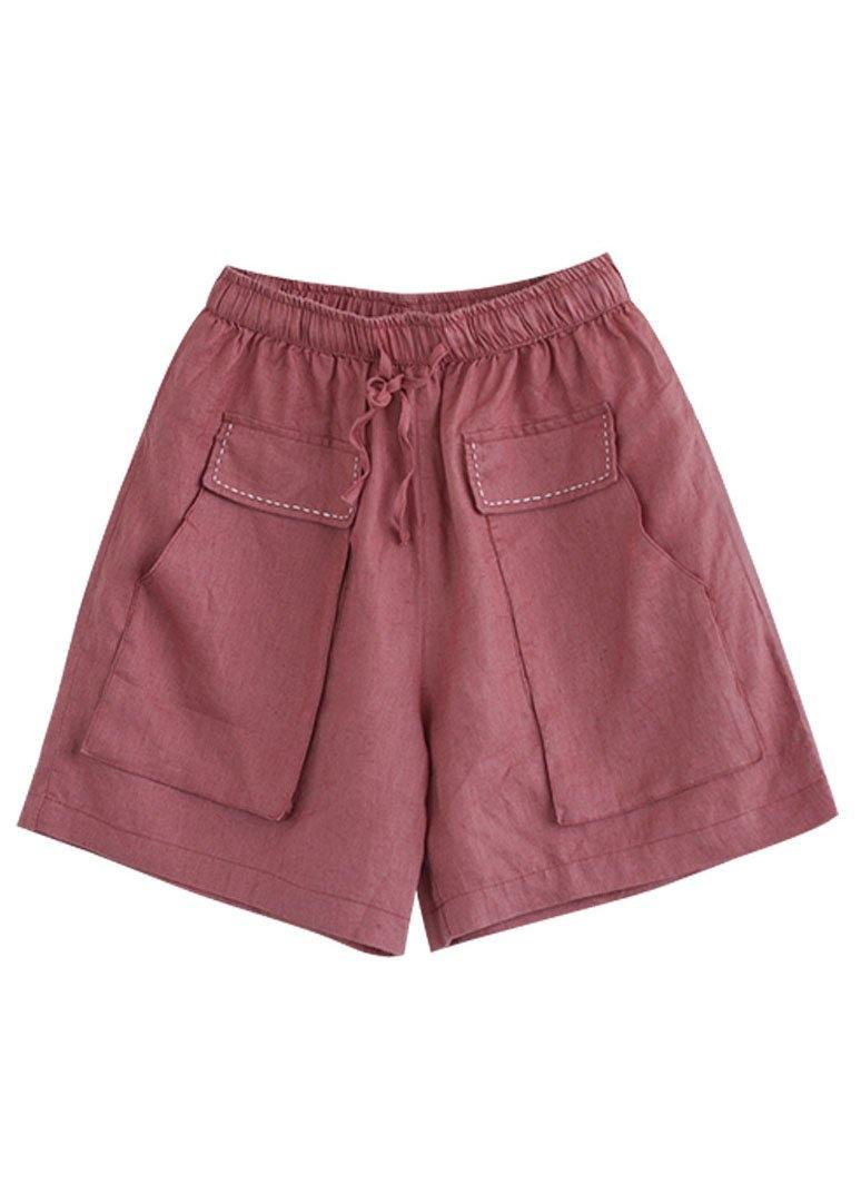 Art Red Tie Waist Patchwork Summer Hot Pants Linen