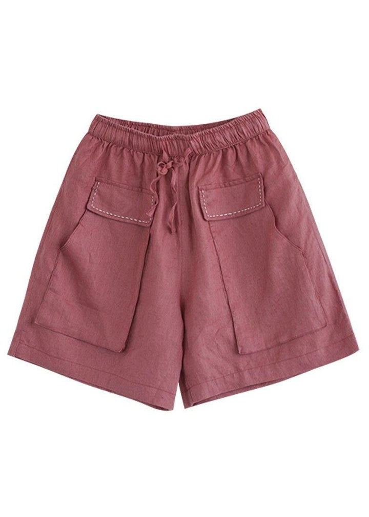 Art Red Tie Waist Patchwork Summer Hot Pants Linen