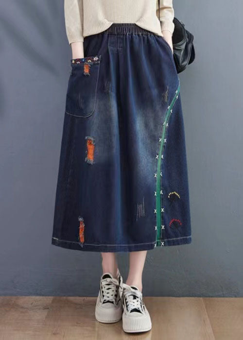 Navy Embroidered Distressed Denim Skirt