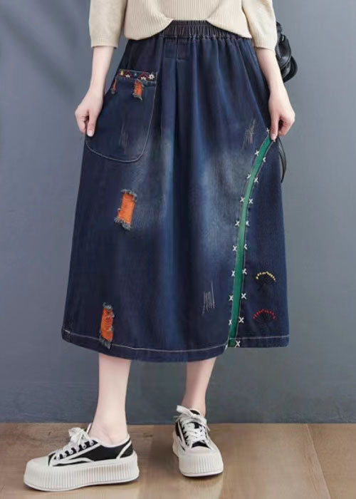 Navy Embroidered Distressed Denim Skirt