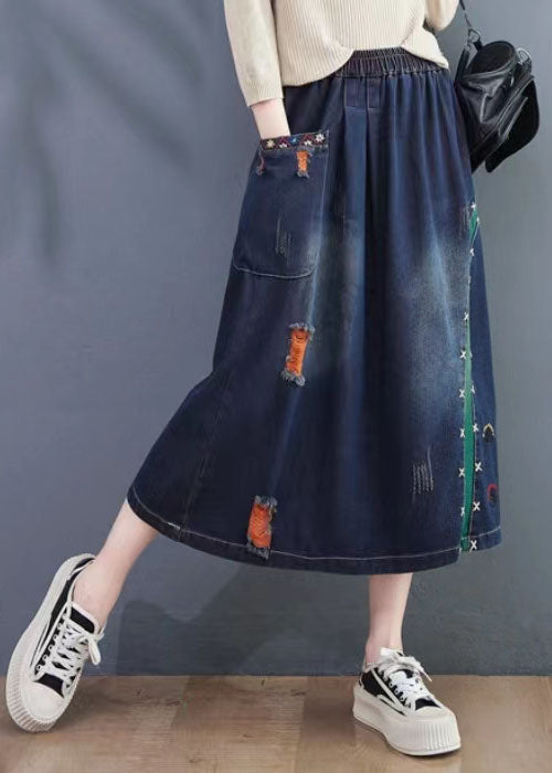 Navy Embroidered Distressed Denim Skirt