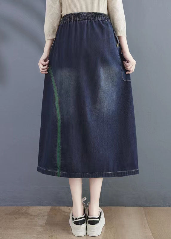Navy Embroidered Distressed Denim Skirt