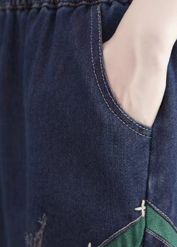 Navy Embroidered Distressed Denim Skirt