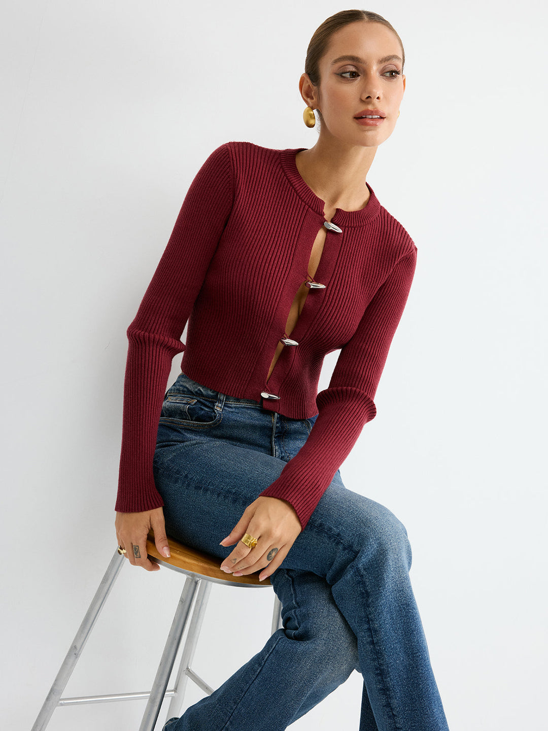 Metal Button Ribbed Fitted Sweater - Women's Fashion Australia | Jarah Melbourne