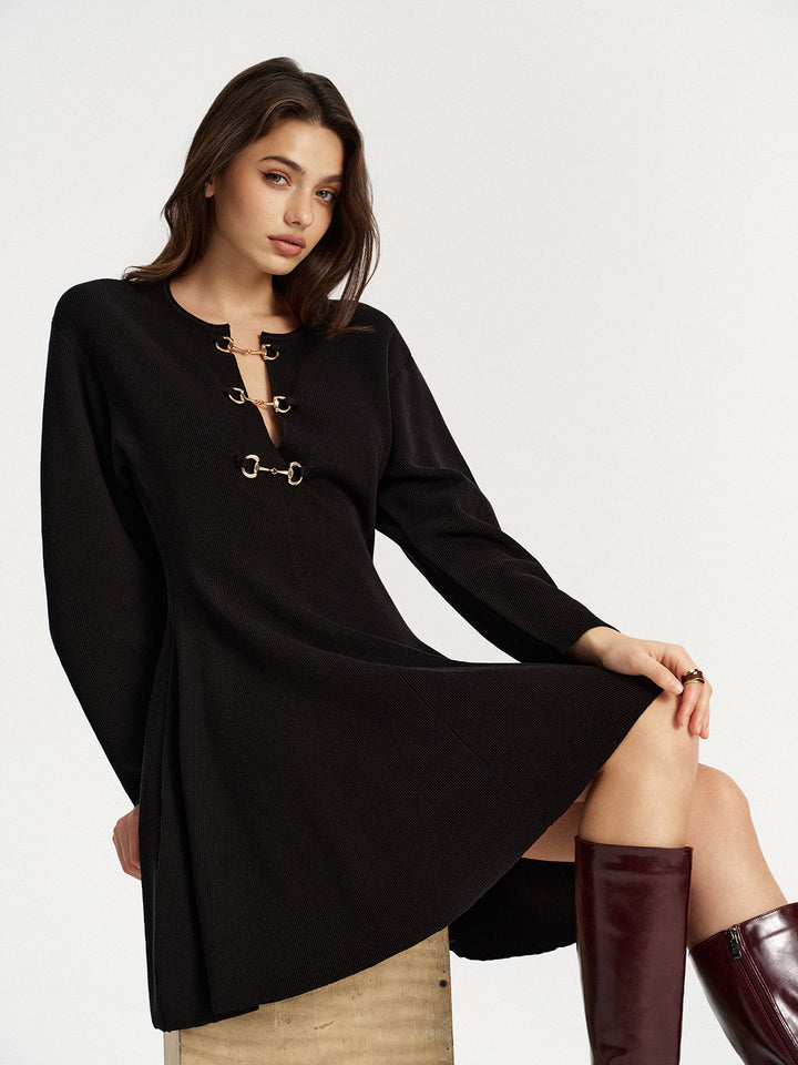 Horsebit Detail Knit Flared Dress