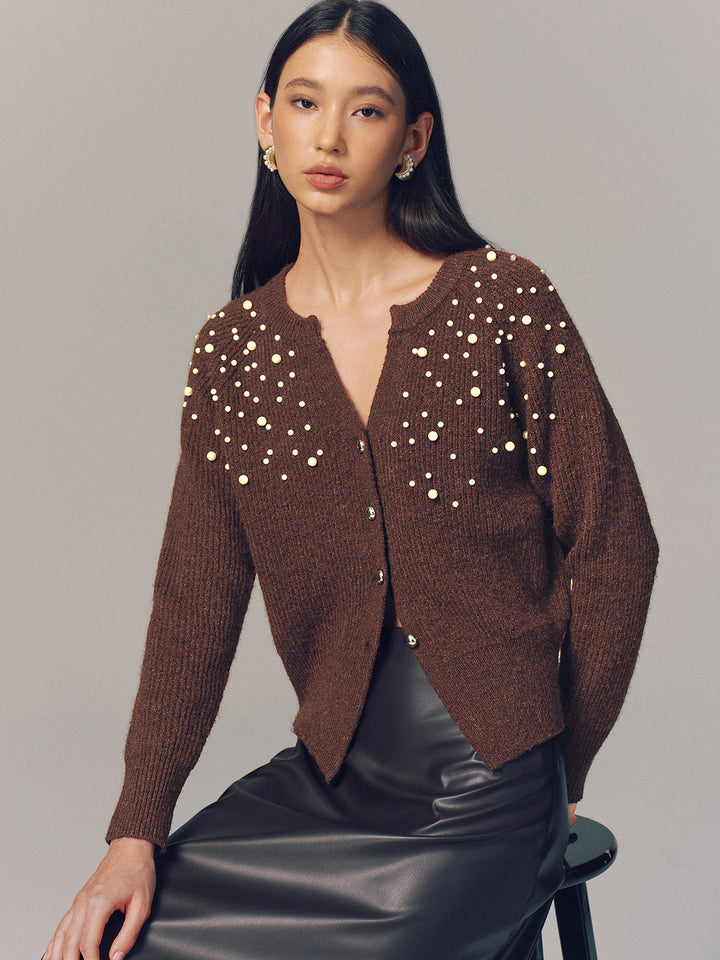 Pearl Embellished Wool Blend Cardigan