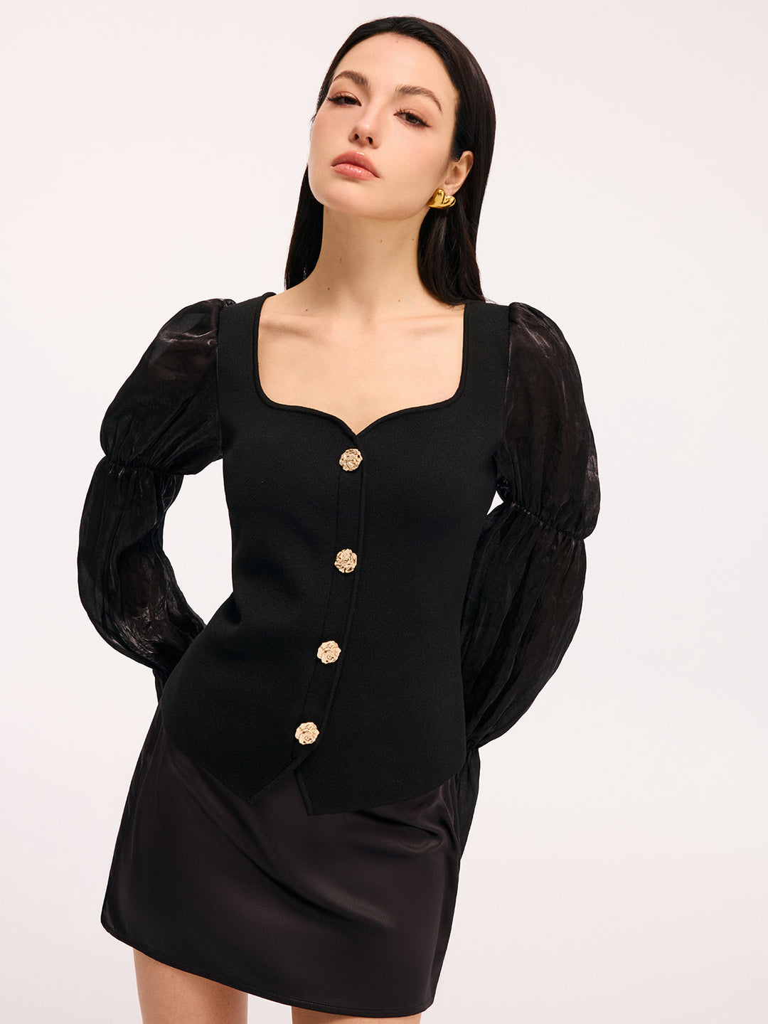 Metal Button Puff Sleeve Knit Square Neck Top - Women's Fashion Australia | Jarah Melbourne