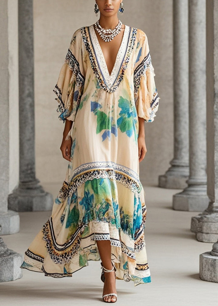 Apricot V-Neck Print Chiffon Dress