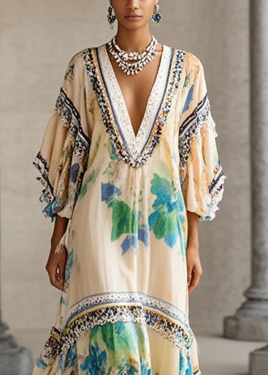 Apricot V-Neck Print Chiffon Dress