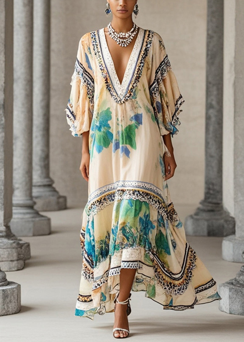 Apricot V-Neck Print Chiffon Dress