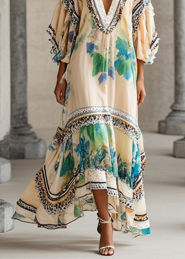 Apricot V-Neck Print Chiffon Dress