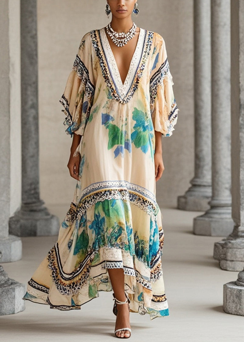 Apricot V-Neck Print Chiffon Dress
