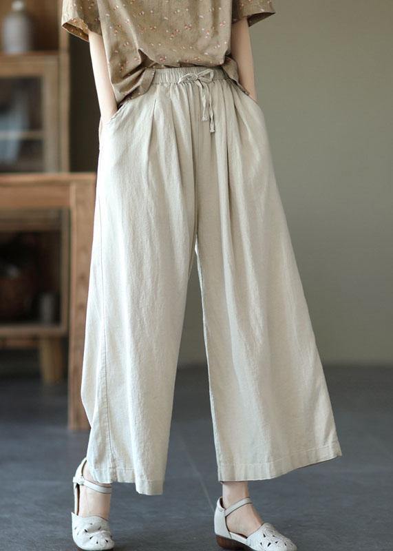 Schöne beige elastische Taillenbundhose mit weitem Bein aus Leinen