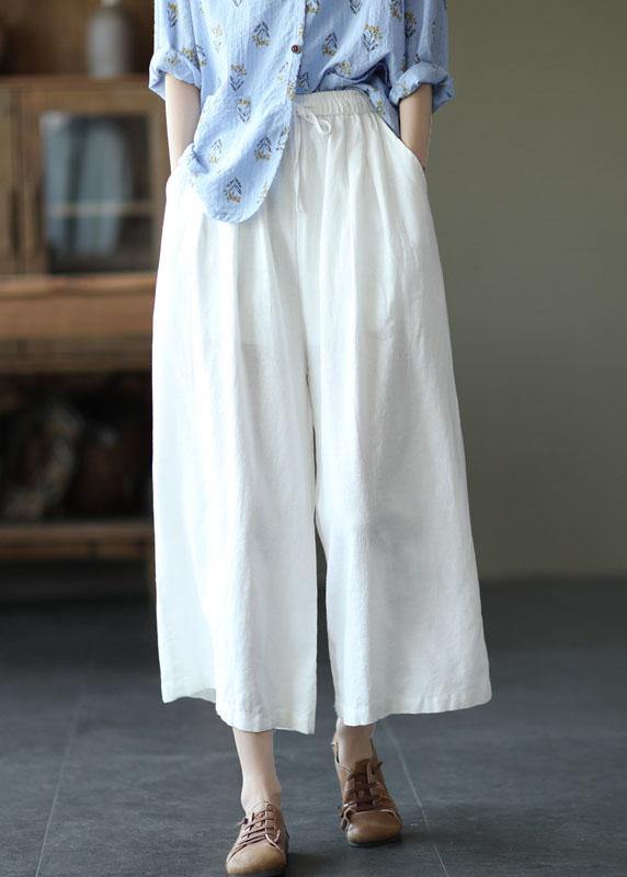 Schöne beige elastische Taillenbundhose mit weitem Bein aus Leinen