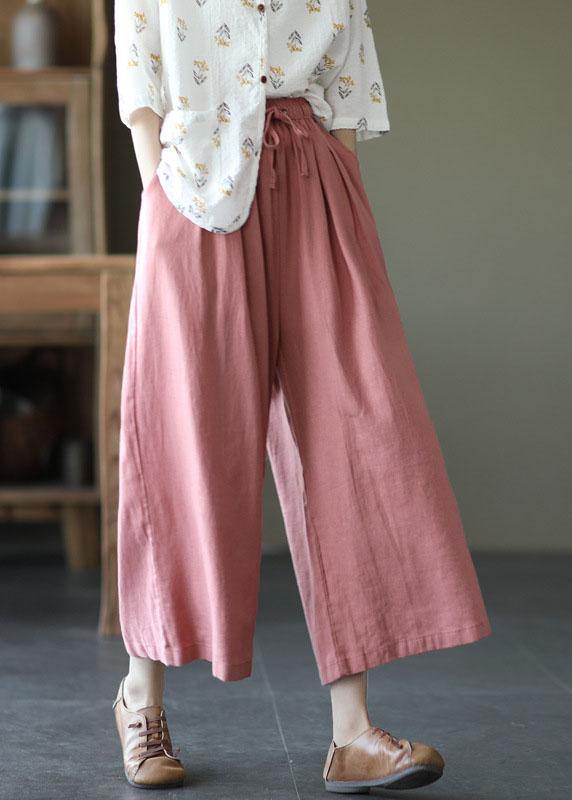 Schöne beige elastische Taillenbundhose mit weitem Bein aus Leinen