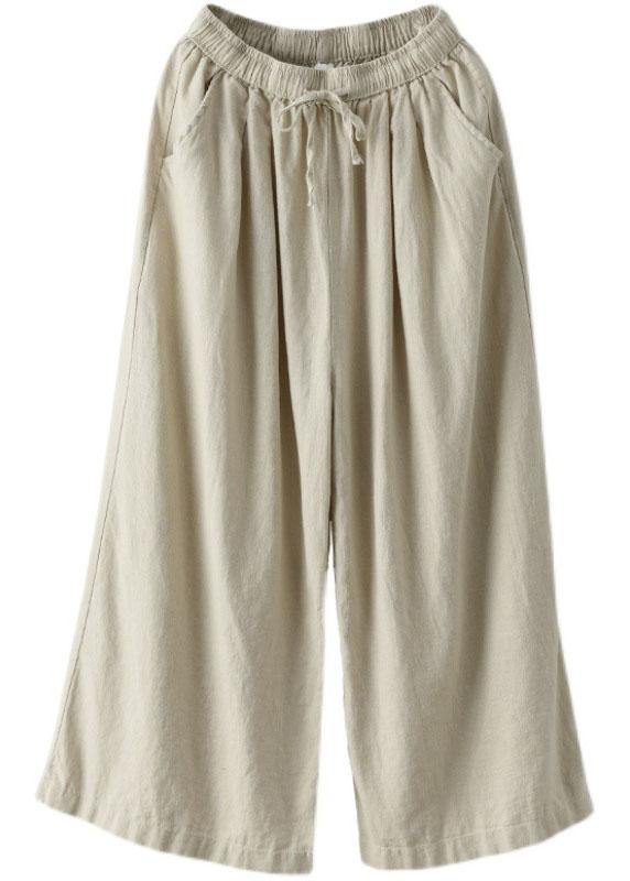 Schöne beige elastische Taillenbundhose mit weitem Bein aus Leinen