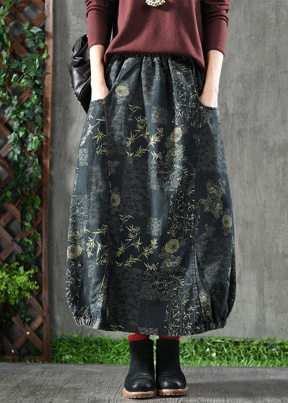 Floral Elastic Waist Denim Skirt
