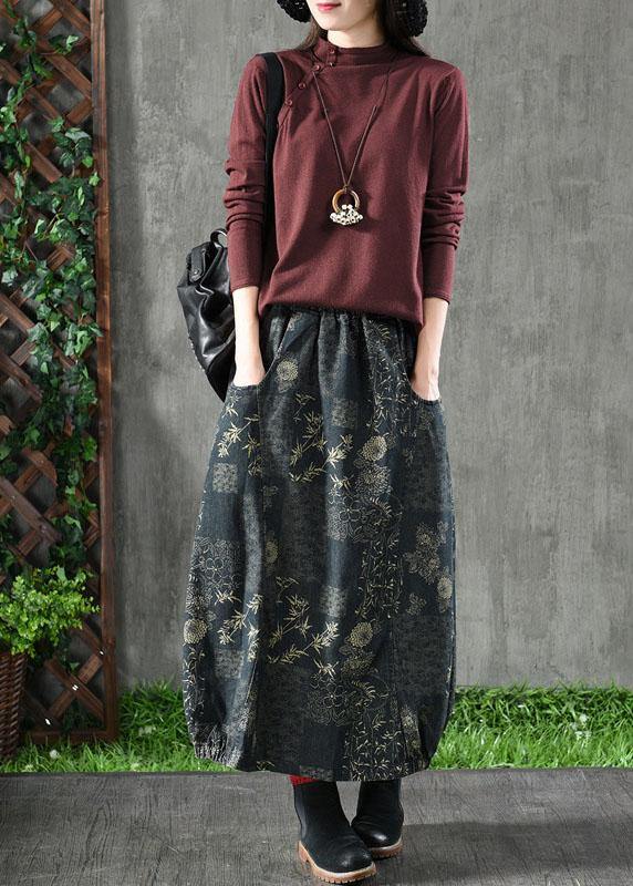 Floral Elastic Waist Denim Skirt