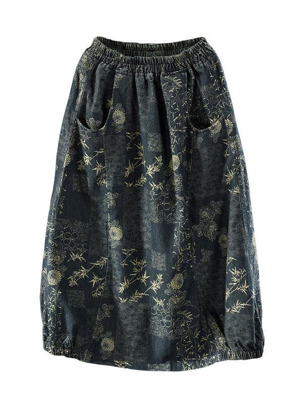 Floral Elastic Waist Denim Skirt