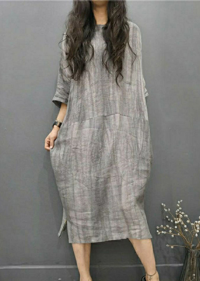 Grey Linen Batwing Side-Open Dress