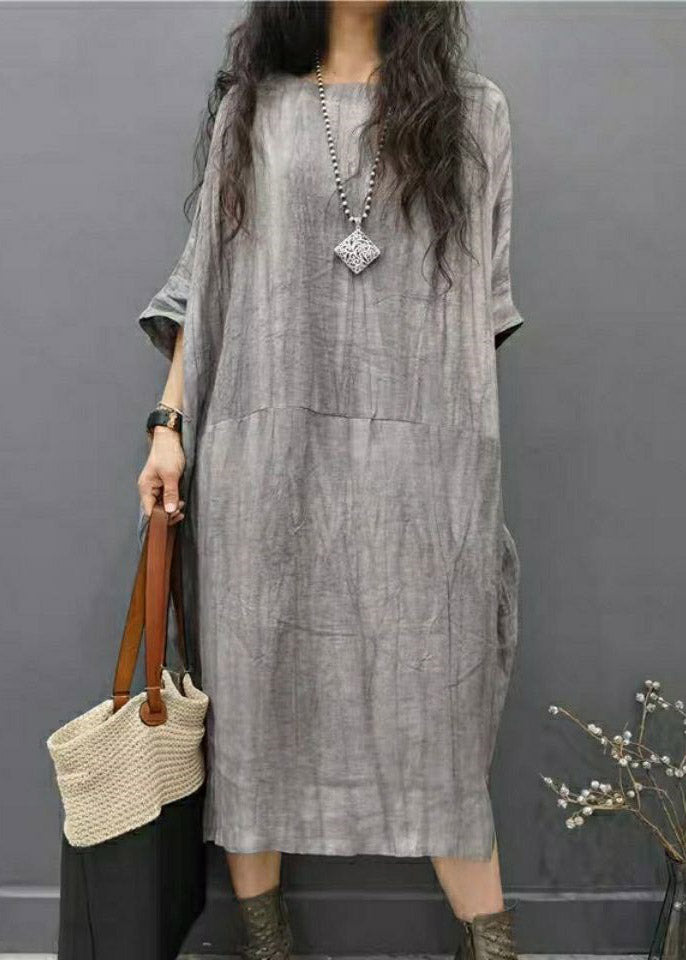 Grey Linen Batwing Side-Open Dress