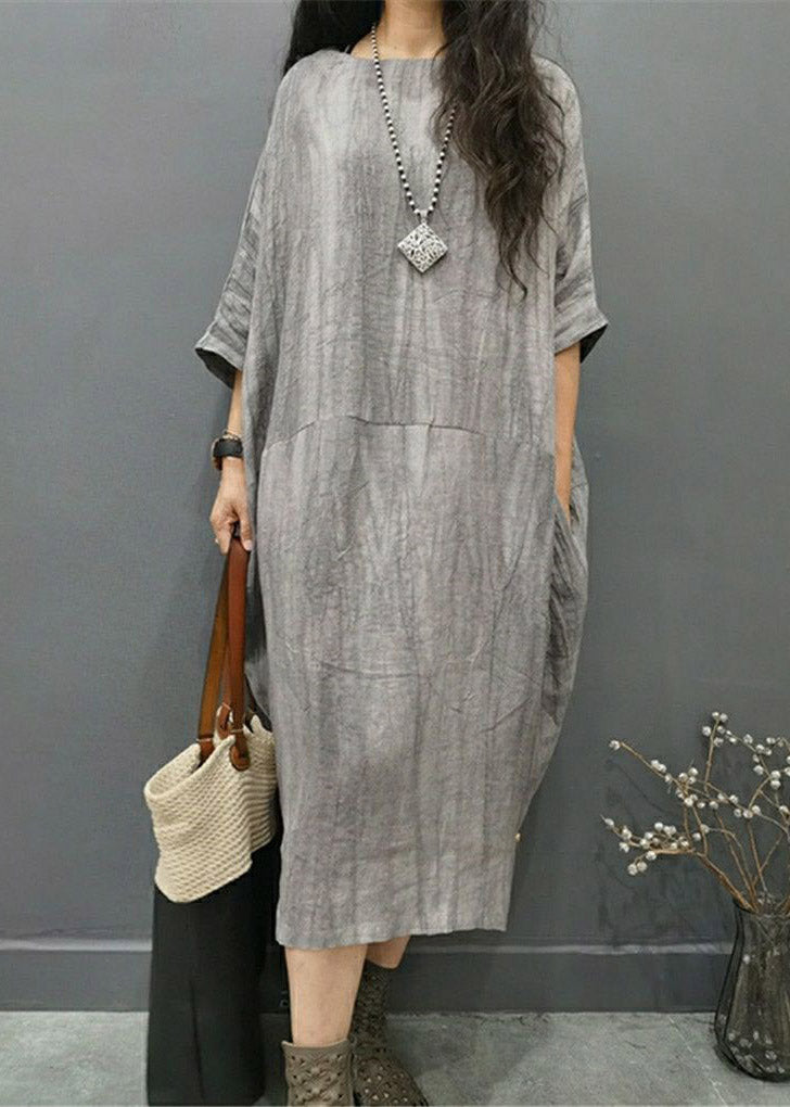 Grey Linen Batwing Side-Open Dress