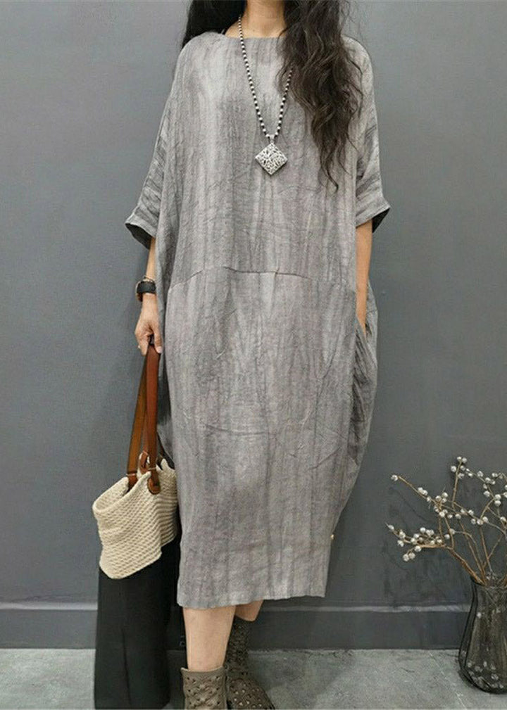 Grey Linen Batwing Side-Open Dress