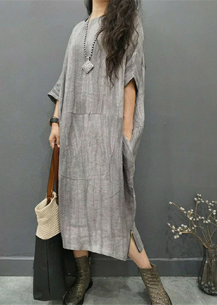 Grey Linen Batwing Side-Open Dress