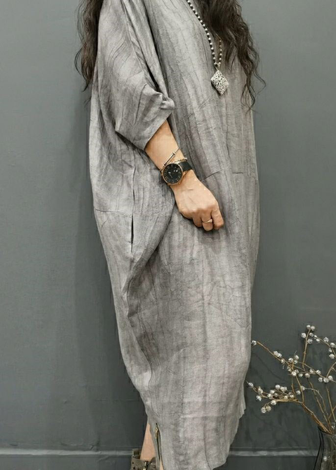 Grey Linen Batwing Side-Open Dress