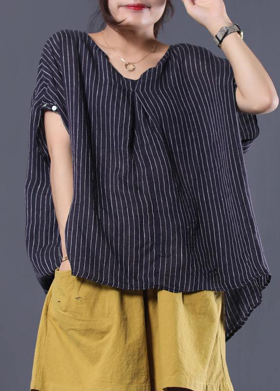 Beautiful Black Striped Linen Clothing for Women with V-Neck, Baggy Summer Top