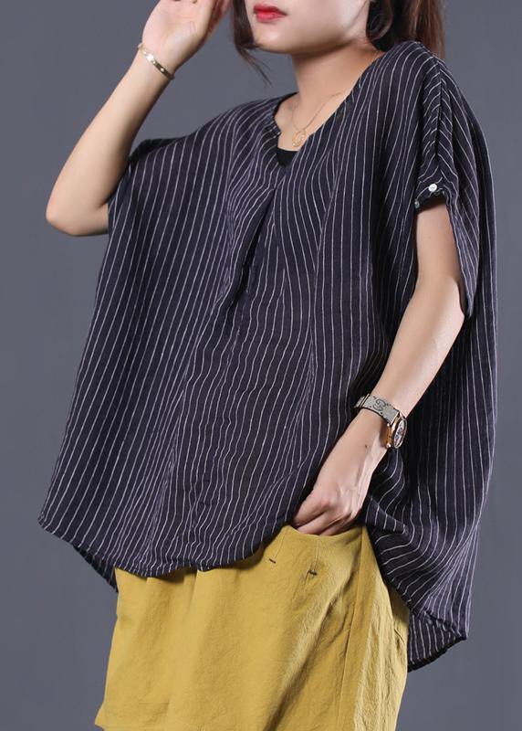 Beautiful Black Striped Linen Clothing for Women with V-Neck, Baggy Summer Top