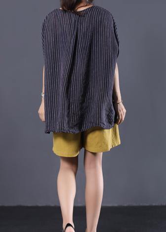 Beautiful Black Striped Linen Clothing for Women with V-Neck, Baggy Summer Top