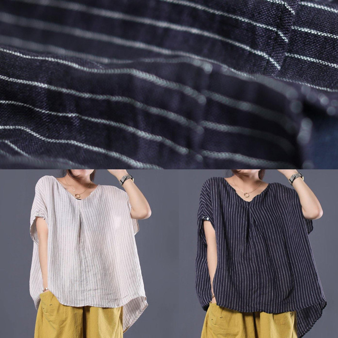 Beautiful Black Striped Linen Clothing for Women with V-Neck, Baggy Summer Top