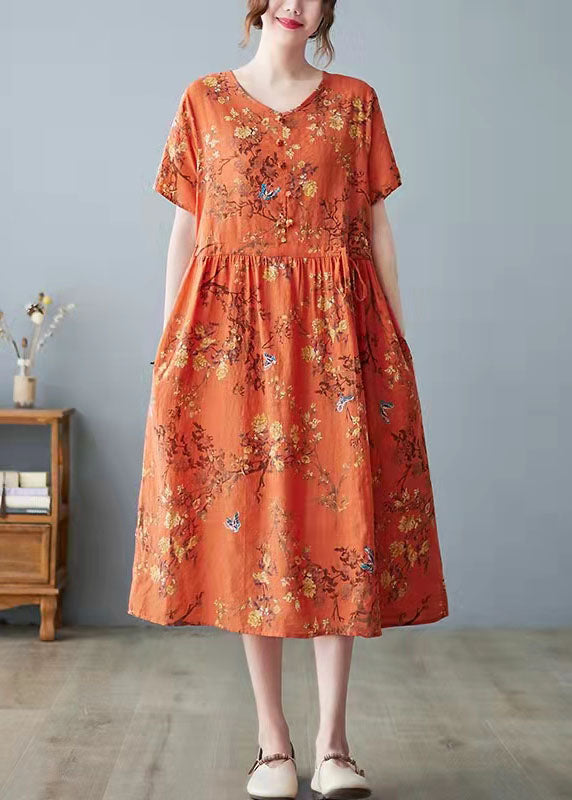 Beautiful orange dress with O-neck and pocket print
