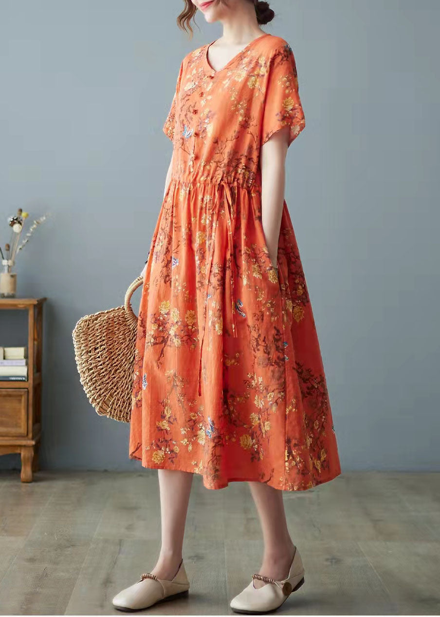 Beautiful orange dress with O-neck and pocket print