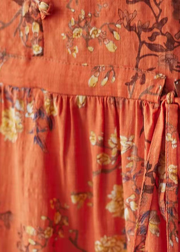 Beautiful orange dress with O-neck and pocket print