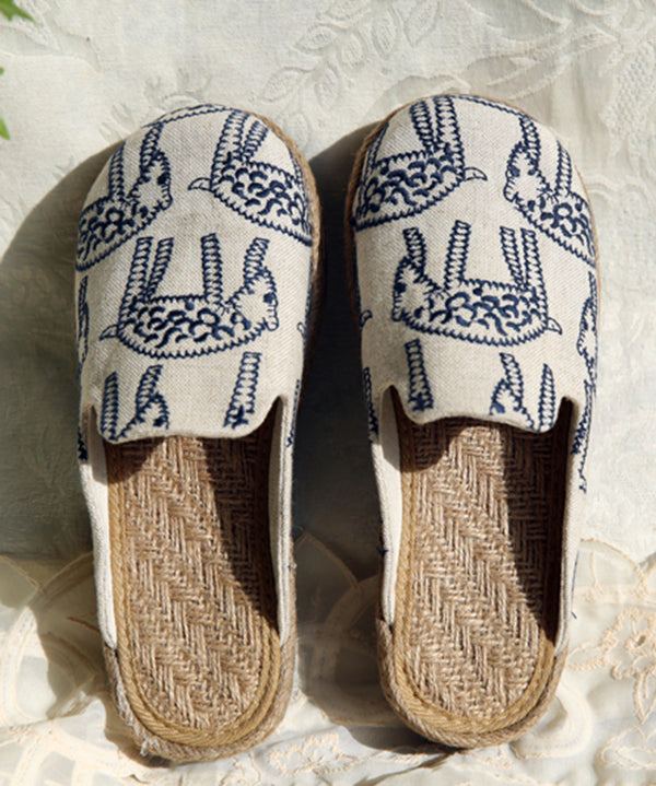 Comfortable, Embroidered Slide Sandals Made of Beige Cotton Fabric