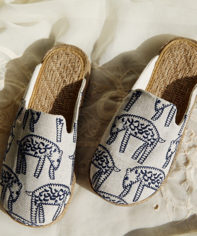 Comfortable, Embroidered Slide Sandals Made of Beige Cotton Fabric